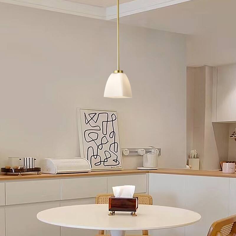 1-Light Gold Finish Mini Pendant with Pyramid Shaped Etched White Glass Shade