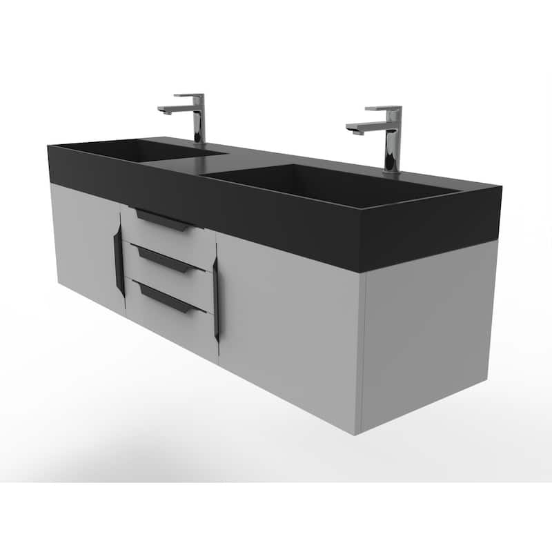 Amazon 60" Wall Mounted Bathroom Vanity Set w/ Black Top