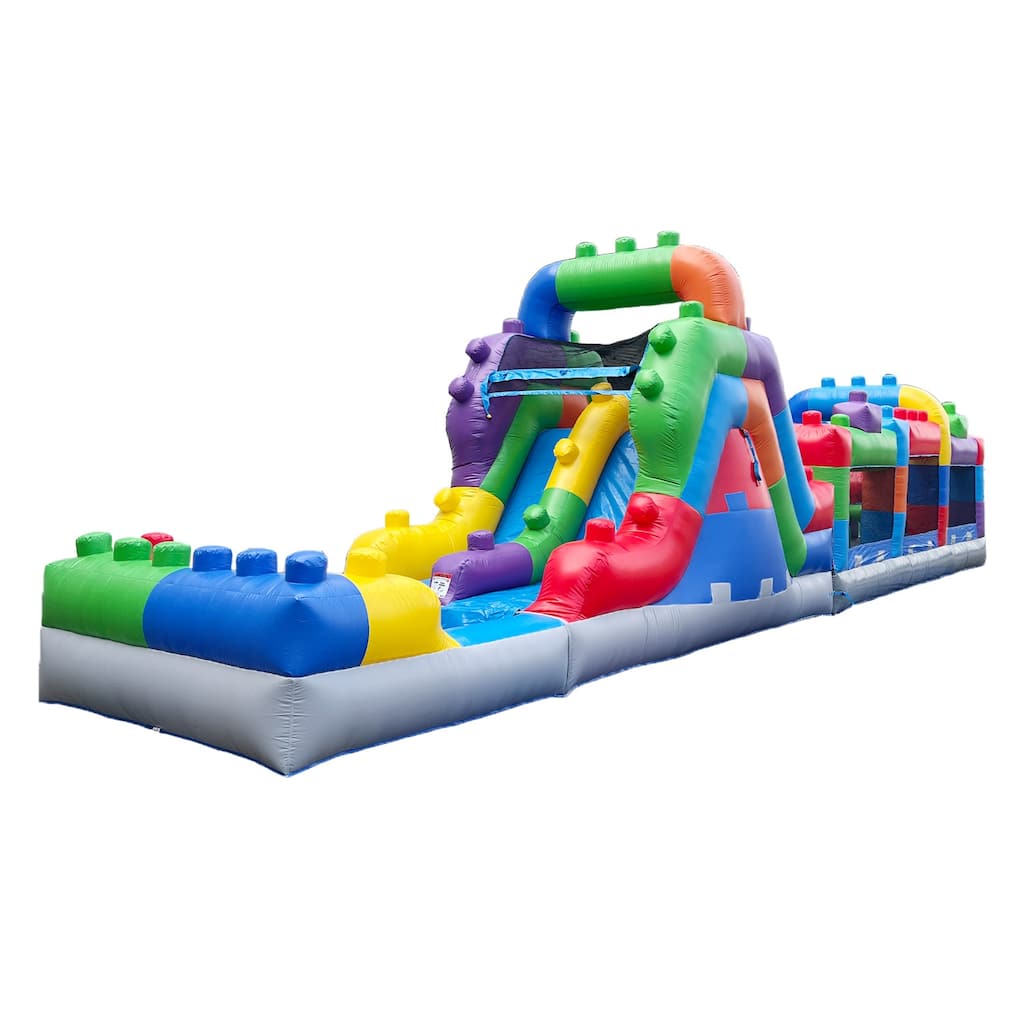 HeroKiddo 42' Block Party Inflatable Obstacle Course Water Slide Combo with Air Blower, Commercial Grade, Kids Outdoor Play