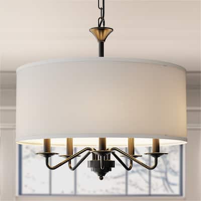 YANSUN 5-Light Farmhouse Drum Chandelier, Black & White, E12 Bulbs Base, Metal Frame