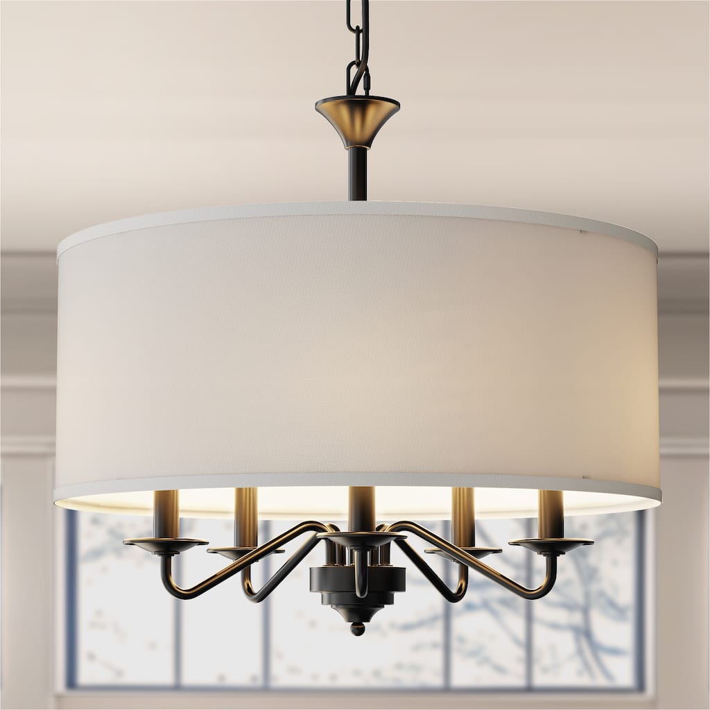 YANSUN 5-Light Farmhouse Drum Chandelier, Black & White, E12 Bulbs Base, Metal Frame