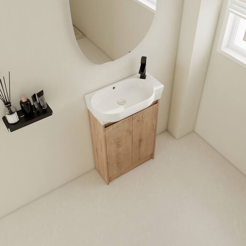 23" Bathroom Vanity with Round Ceramic Sink, Soft-Close Hinges, and Spacious Storage - Black Chestnut Finish
