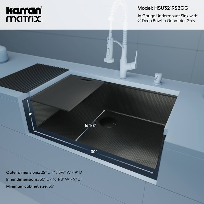 Matrix 32" Undermount Workstation 16 Gauge Single Bowl Stainless Steel Kitchen Sink with Accessories