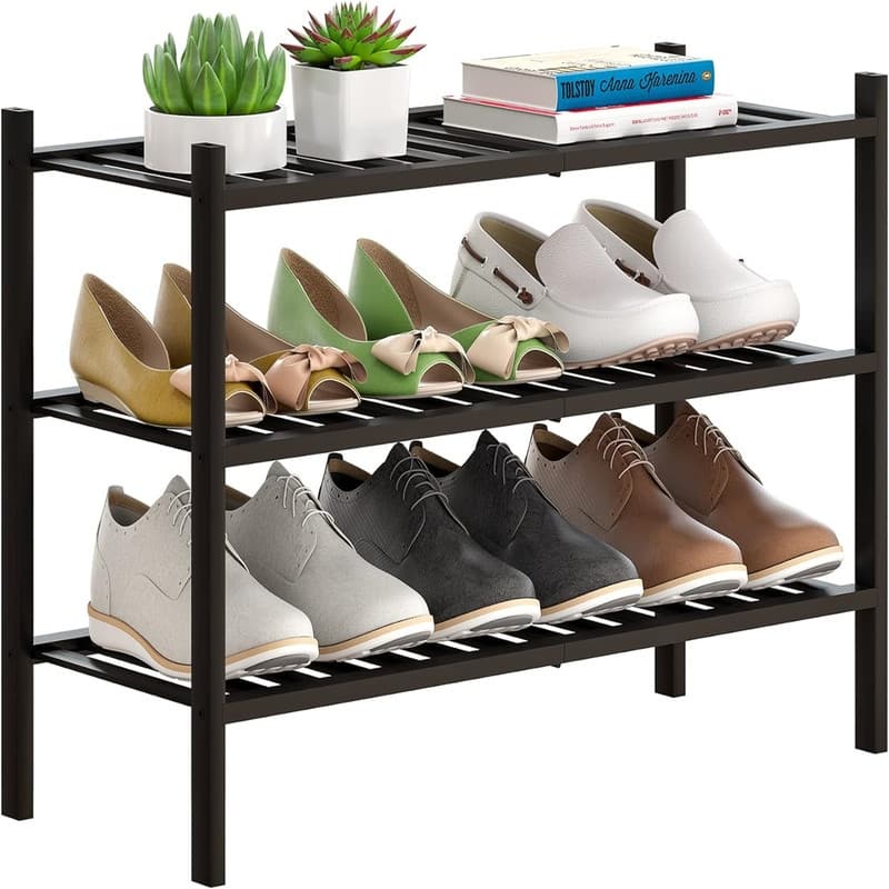 Bamboo Shoe Rack Stackable Shoe Shelf Storage Organizer for Unit Entryway - 11"D x 27"W x 18.3"H