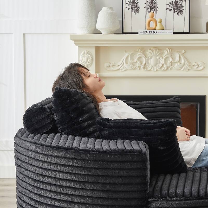Corduroy Upholstered Single Sofa, Oversized Fluffy Round Sofa, Single Sleeper Reading Chair with Armrest & Pillow