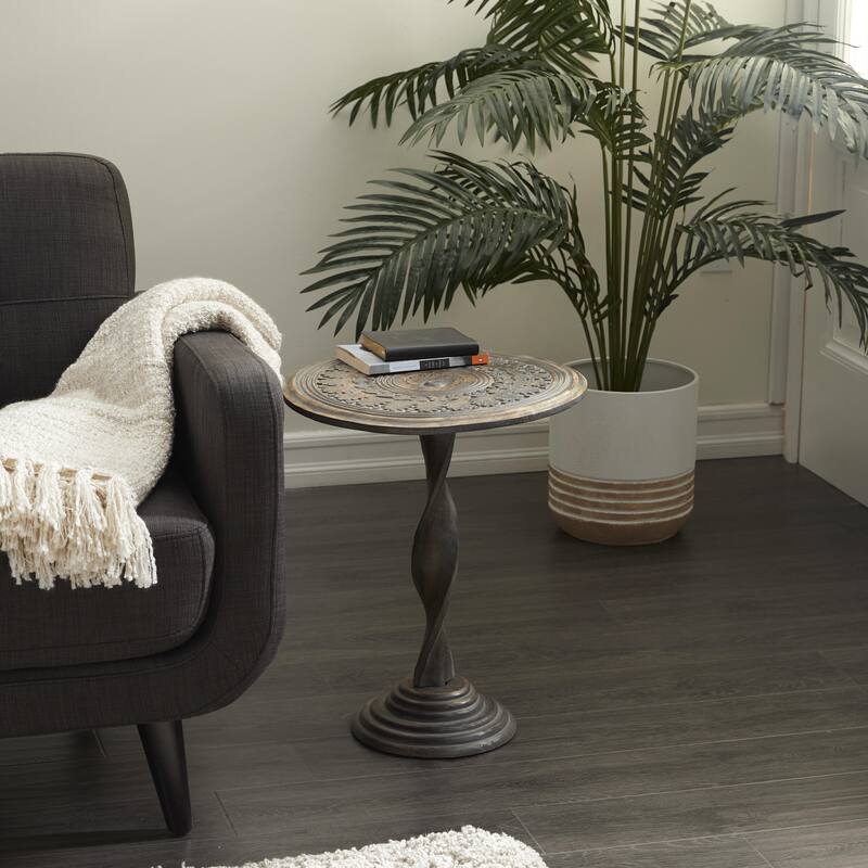 Mango Wood Floral Handmade Intricately Carved Accent Table with Spiral Leg and Gray Distressing - Brown - Roche River Decor