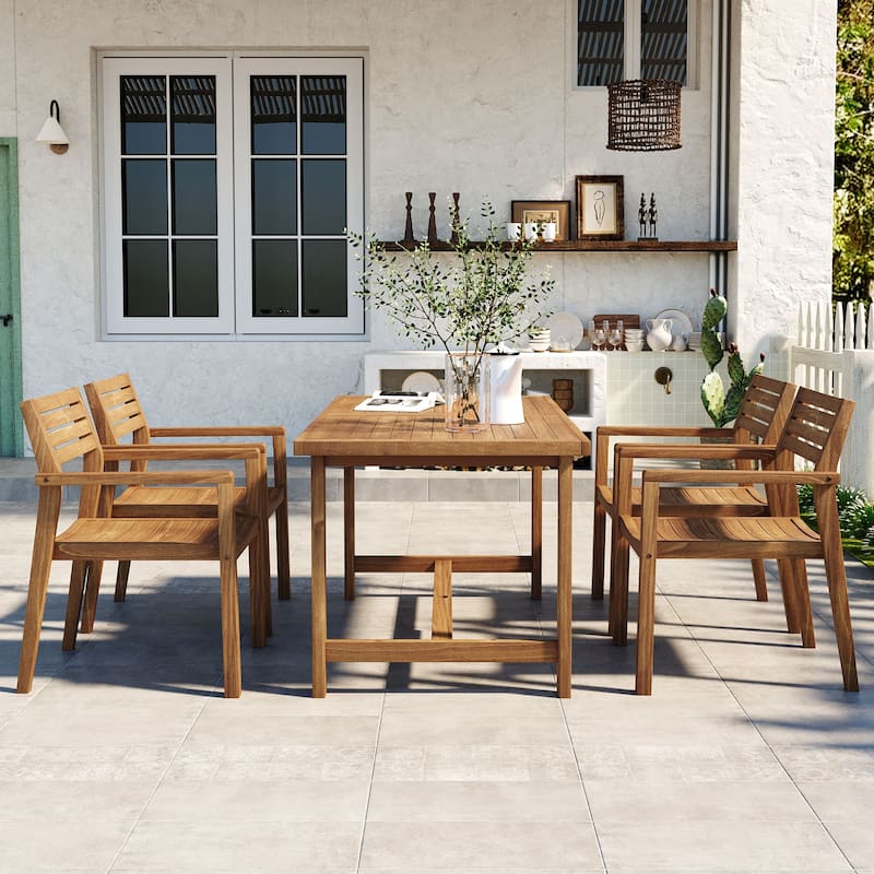 5-Piece Outdoor Acacia Wood Dining Set with Rectangular Table and Umbrella Hole for Family Gatherings