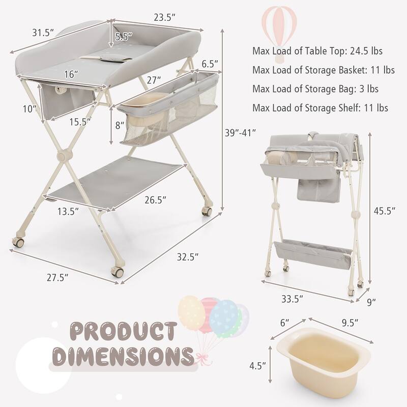 Baby Diaper Changing Table Folding Newborn Nursery Organizer W/Wheel