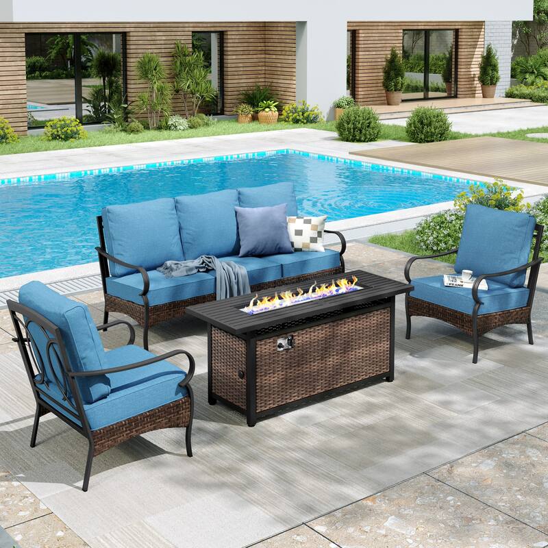 MAISON ARTS Patio Furniture Set with 56" Fire Pit Table, Deep Seating Sofa & Swivel, Rocking, and Fixed Chairs (5 Seats, Beige) - Fixed Chair - Denim Blue