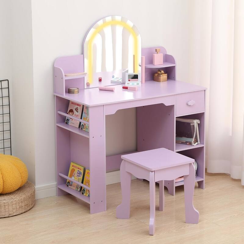 Kids Vanity Set with Lighted Mirror and Stool, 2-in-1 Makeup Tabl, for Girls Ages 3–9