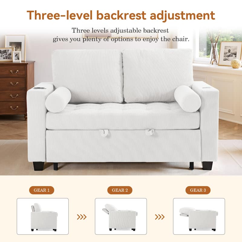 2 Set Corduroy Convertible Sleeper Sofa Bed Loveseats with Cup Holder, USB Ports & Storage
