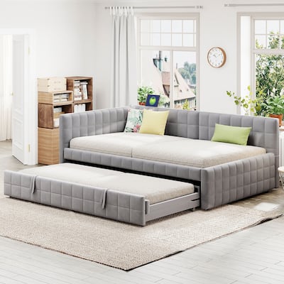 Full Size Upholstered Daybed with Hidden Twin Trundle and Dual USB Charging Ports, Lounge Sofa Bed Frame with L-Shaped Backrest