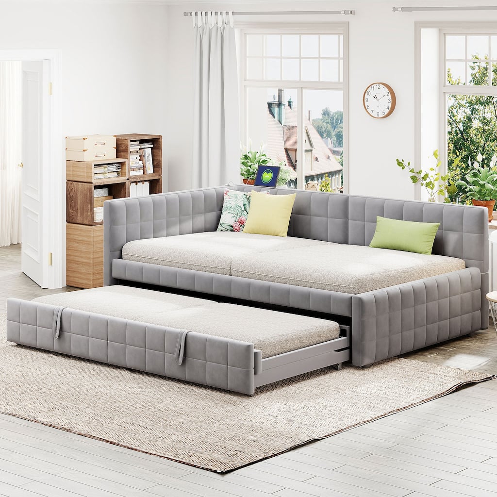 Full Size Upholstered Daybed with Hidden Twin Trundle and Dual USB Charging Ports, Lounge Sofa Bed Frame with L-Shaped Backrest