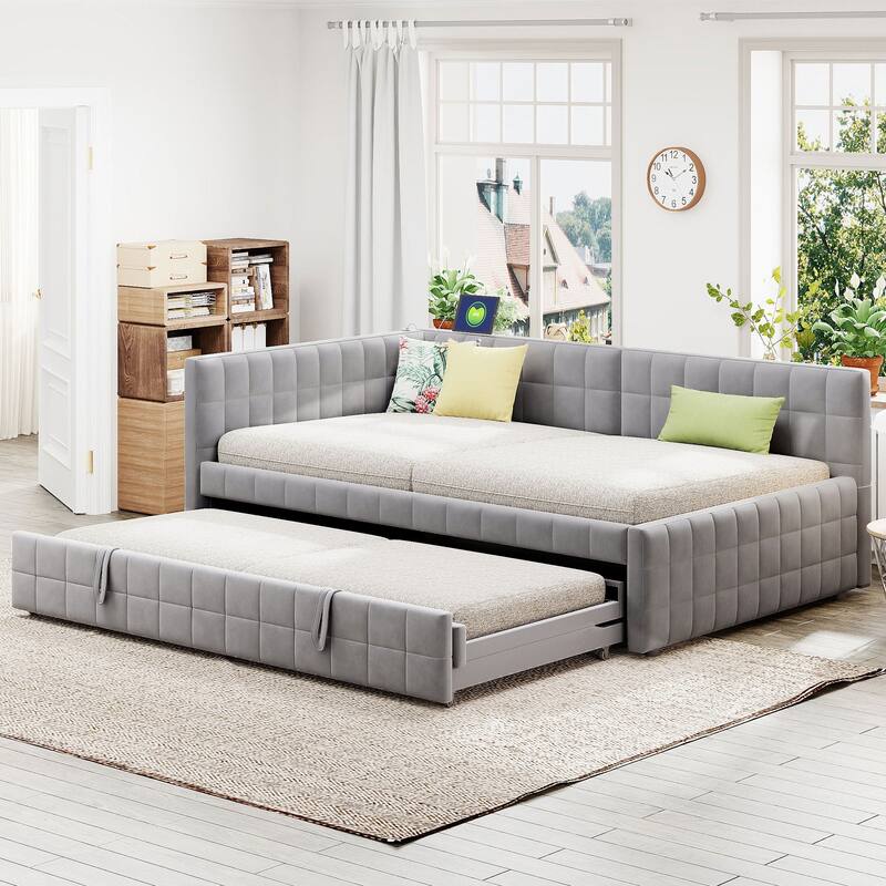 L Shaped Daybed with Pop up Trundle and USB Port, Upholstered Corner Sofa Bed Frame with Wood Slats, Full to King Design