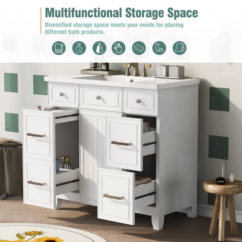 Modern 36-Inch Free-Standing Vanity with Single Sink, Storage Drawers & Adjustable Shelf