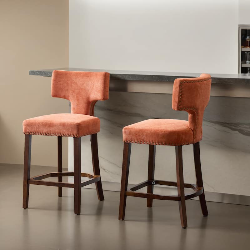 Mid Century Modern Counter Height Bar Stools Set of 2, Farmhouse Linen Fabric Upholstered Accent Chair Curved Backrest