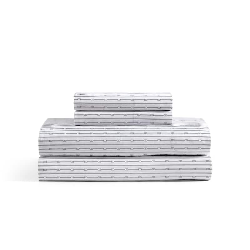 Tommy Hilfiger Printed Cotton Percale Sheet Set - Monogram Stripe Navy - Queen