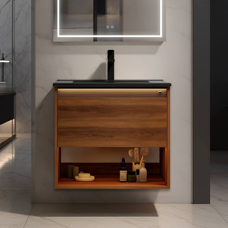 Blossom Bergen Wall Mounted Floating Bathroom Vanity with Sink - Walnut - 24" MB Ceramic Sink