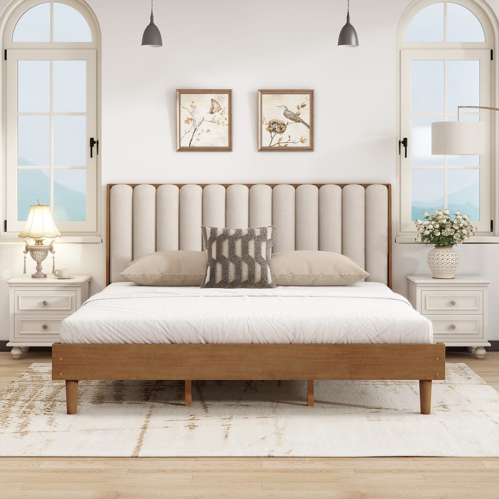 King Size Wood Platform Bed Frame with Upholstered Headboard