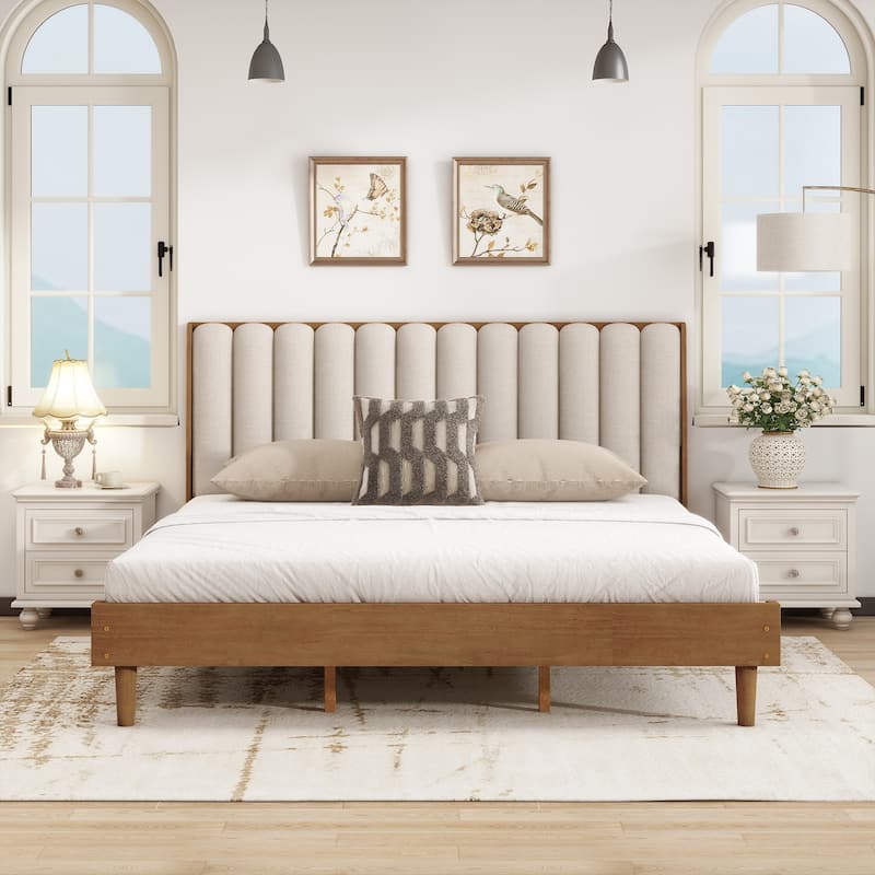 King Size Wood Platform Bed with Upholstered Headboard