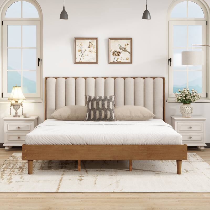 Solid Wood Low Profile Platform Bed Frame with Piano Key Style Upholstered Headboard, No Box Spring Needed - Wheat - King