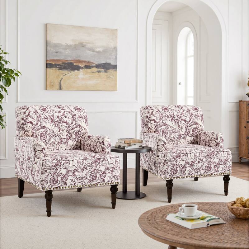 Set 2 Striped Upholstered Linen Armchair with Brass Nailhead Trim - ROCOCO - Plum