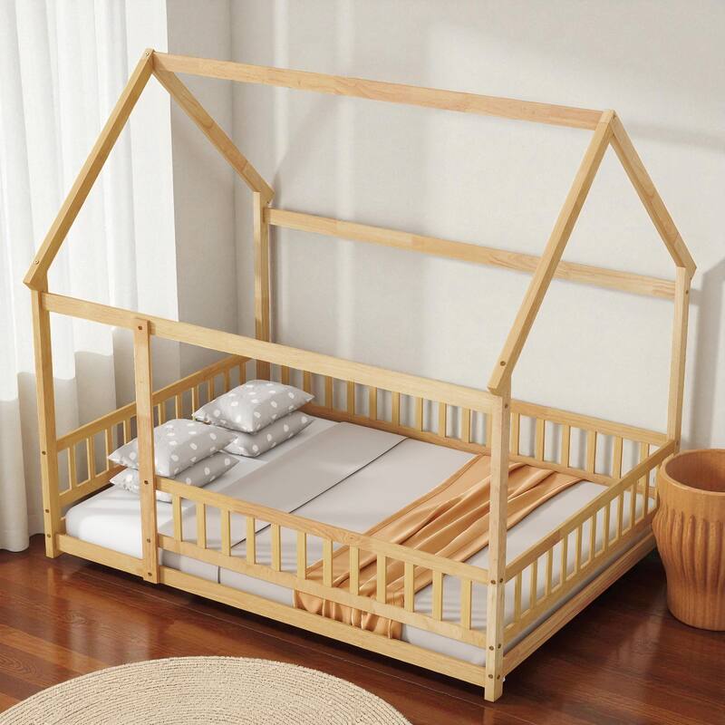 Full Size House Floor Bed with Roof Frame and Guardrails, Solid Wood Montessori Bed for Kids with Fence Design