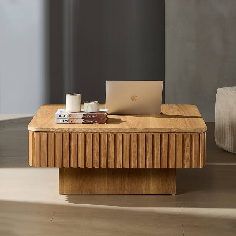 35.43 Inch Handcraft Drum Coffee Table Square Coffee Table for Living Room,Lift Top Wooden Table with Hidden Storage Space
