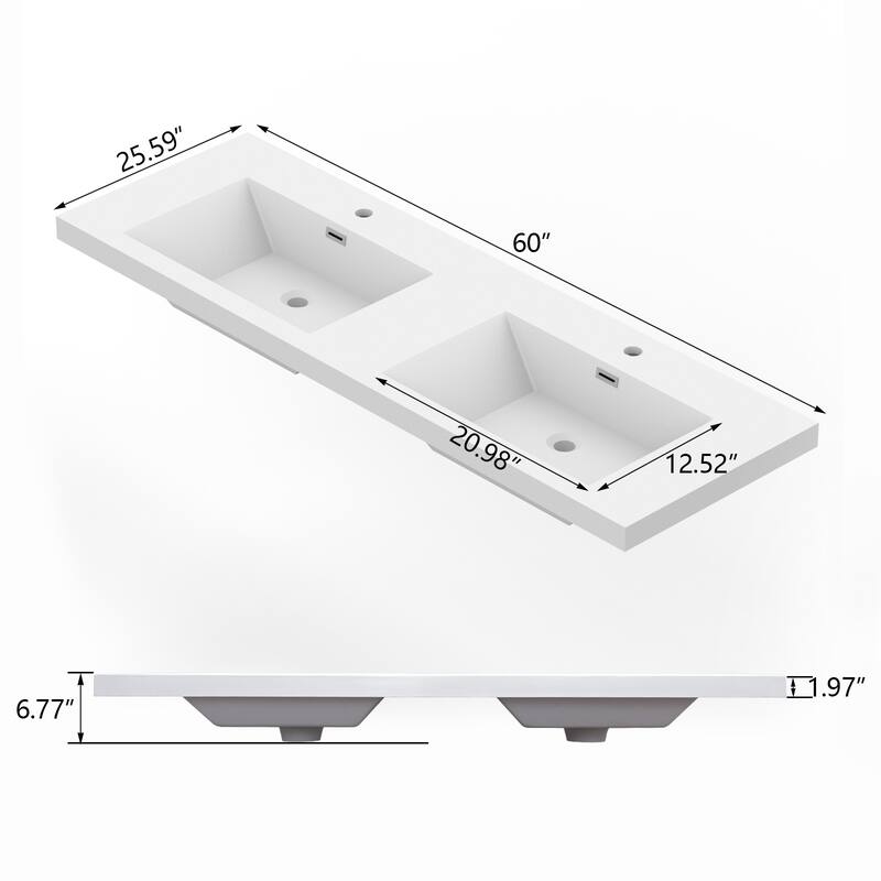 60" in. W x 26" in. D Integrated Resin Bathroom Sink Vanity Top Rectangular Sink One-Piece Design