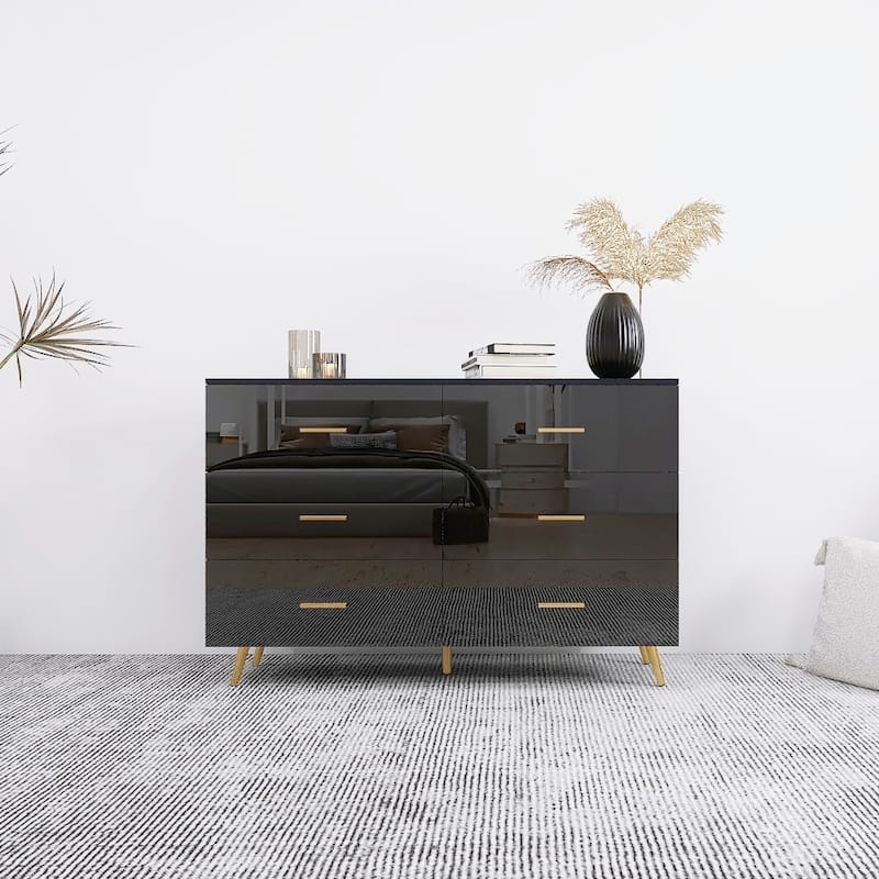 High Gloss 6-Drawer Chest with Golden Handles & Steel Legs, Large Modern Dresser with Anti-Tip Design for Bedroom, Black - Black