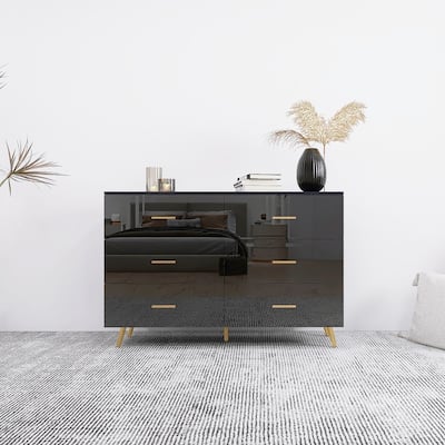 High Gloss 6-Drawer Chest with Golden Handles & Steel Legs, Large Modern Dresser with Anti-Tip Design for Bedroom, Black