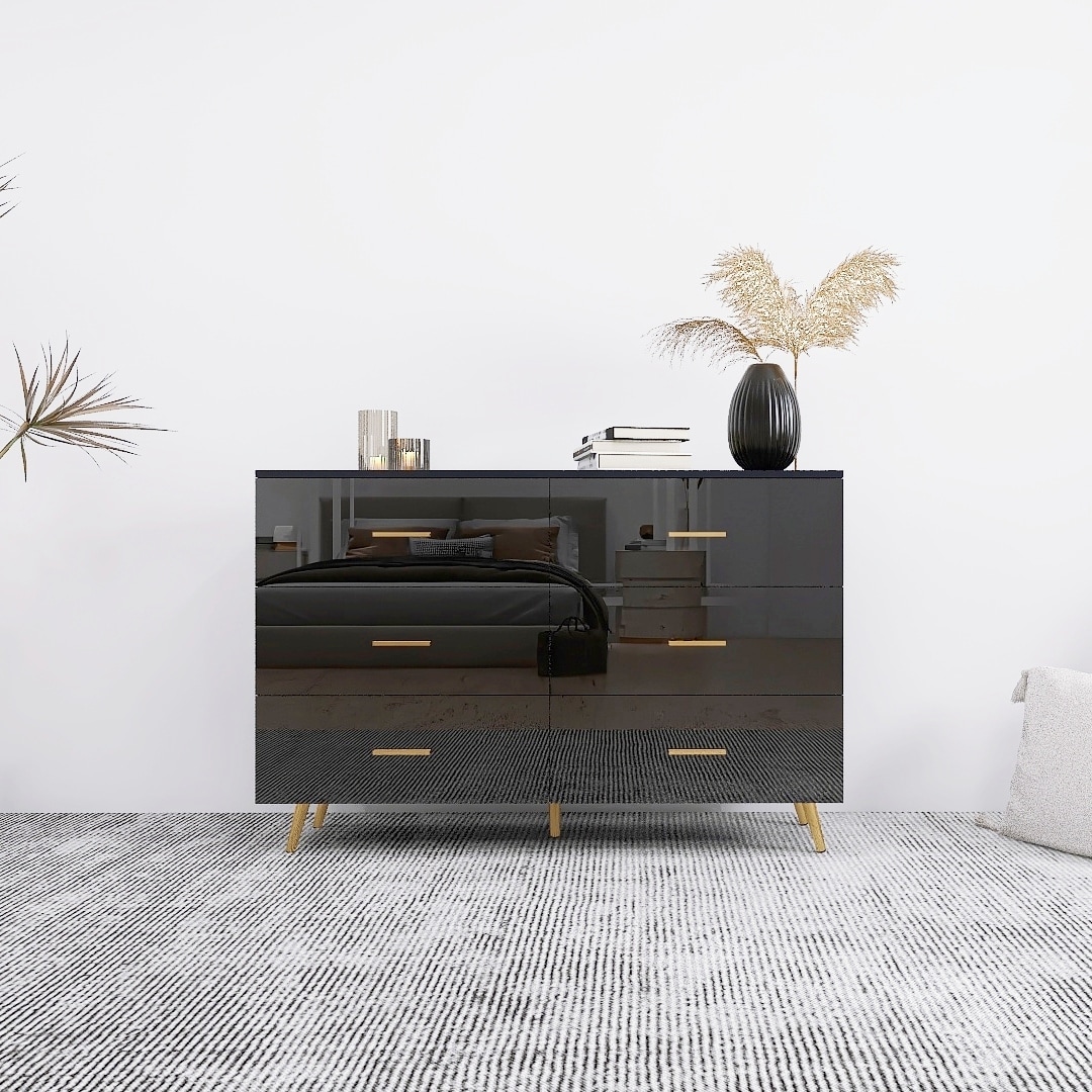 Modern High-Gloss Dressing Table, Lockers with 6 Large Drawers and Anti-Tipping Design, for Bedroom, Black
