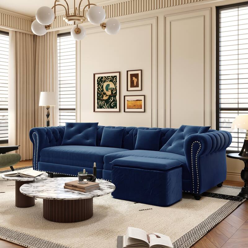 89" Chesterfield Pull Out Sofa Bed - Velvet 3-in-1 Convertible Sleeper with Chaise & Ottoman, King Size Sleeper Sofa