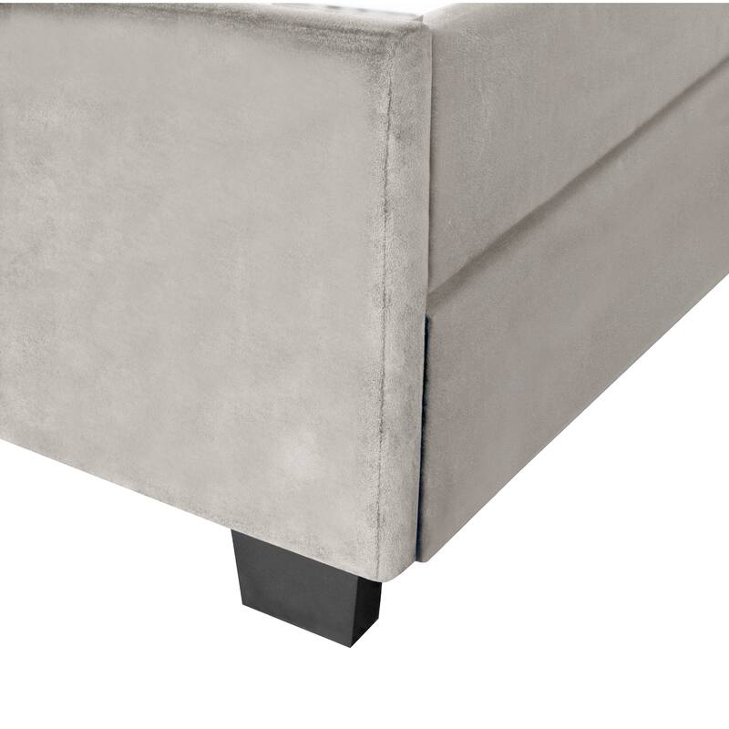 Modern Queen Upholstered Platform Bed with Gold Tufted Headboard, Pull-Out Trundle & 2 Storage Drawers, No Box Spring Needed