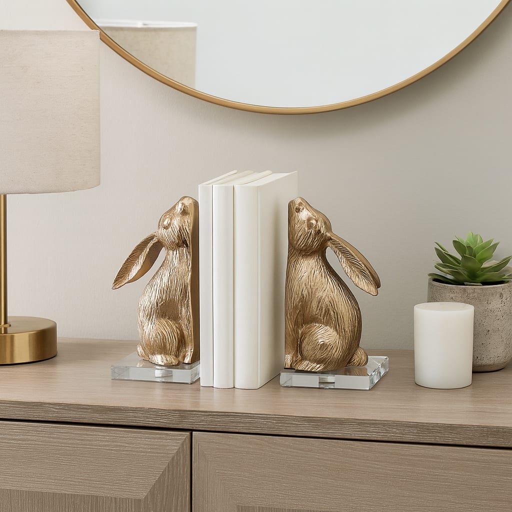 Metal Bookends Bunny Figurine Metallic Finish (Set of 2) - 9" Gold - 8.5"