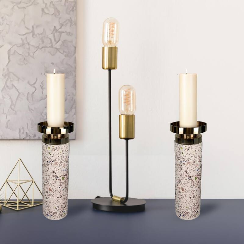 Pink Tall Cement Candlestick Set of Two with Gold Trim and Splattering