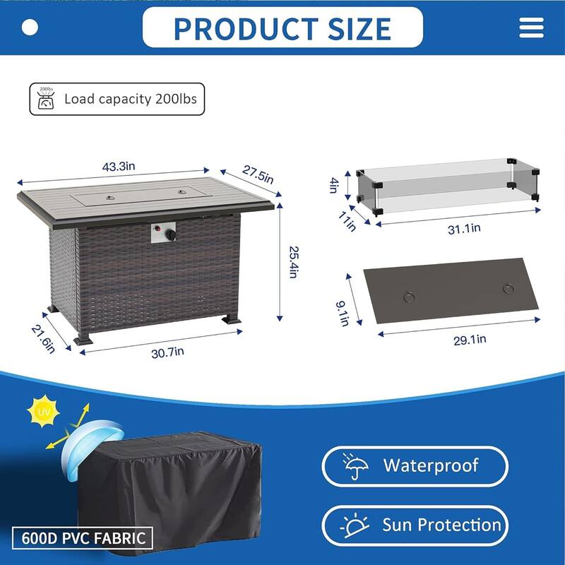 Kullavik 43" Outdoor Propane Fire Pit with Glass Wind Guard,Slide Out Tank Holder,Lid,Waterproof Table Cover