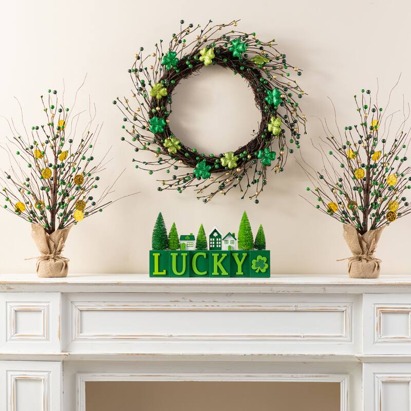 Glitzhome 14"L Valentine's/ Mardi Gras/ St. Patrick's Wooden House/Brush Trees Table Decor