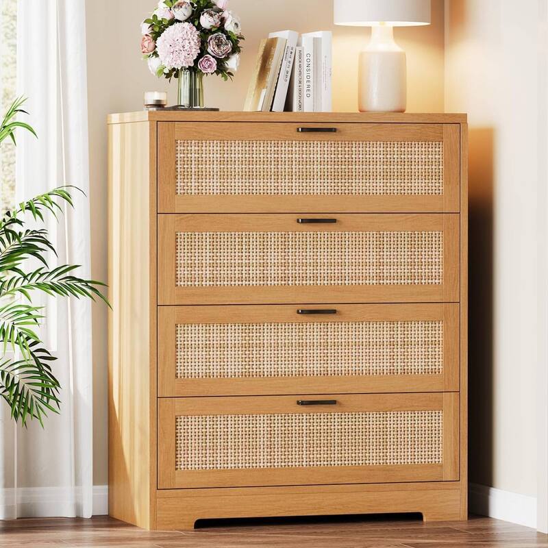 4 Drawers Rattan Dresser, Storage Chest of Drawer for Bedroom, Living Room, Entryway, Hallway - Natural