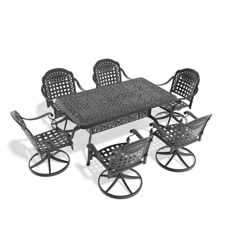 7-Piece Aluminum Rectangular Outdoor Patio Dining Set, 6 Cushioned Swivel Chairs, Table, All-Weather Frames