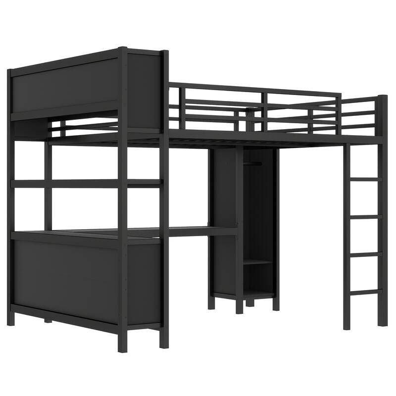 Queen Metal Loft Bed with Wardrobe and L-shaped Desk, Storage Cubes and Shelves, Black