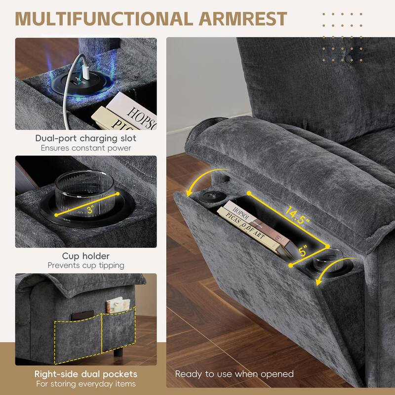 Chenille Tufted L-Shape Sectional Sofa with Storage Ottoman, Pockets and All-in-one Armrest with Dual-Port Charging, Cup Holder