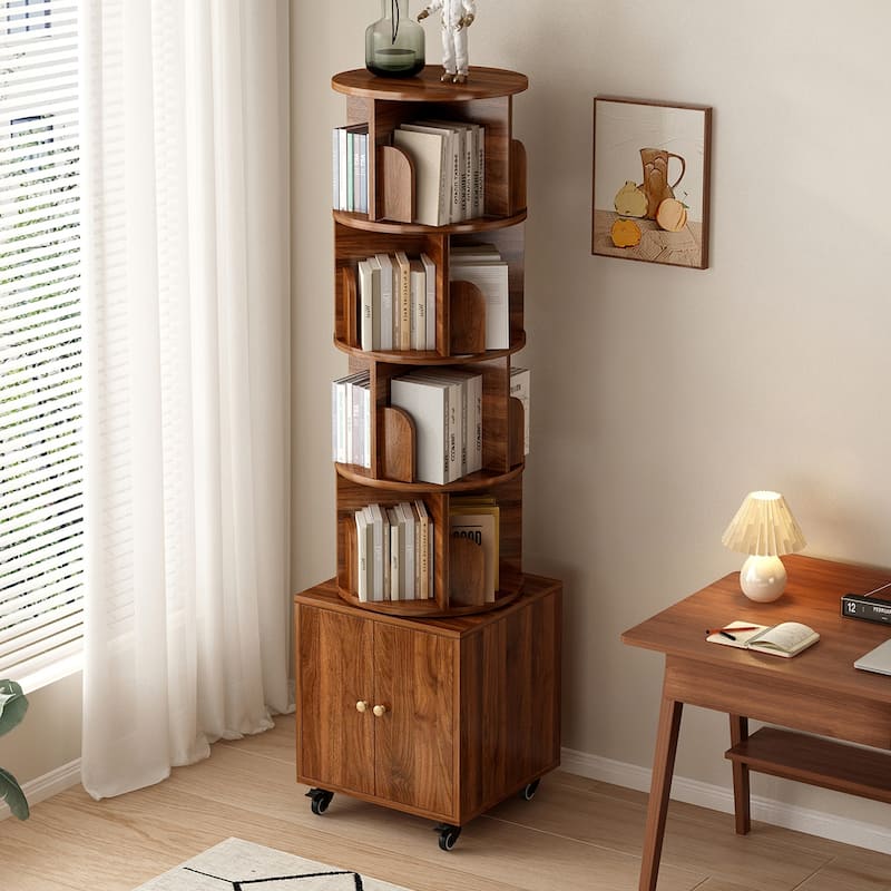 Anmytek 360 Rotating Corner Bookshelf with Wheels Space Saving Storage for Small Rooms - Walnut - 5 Tier