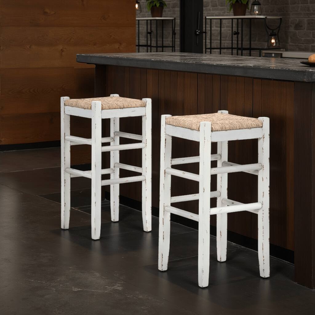 Anya Bar Height Stool Set of 2, Brown Woven Seat, 30 Inch Rustic White