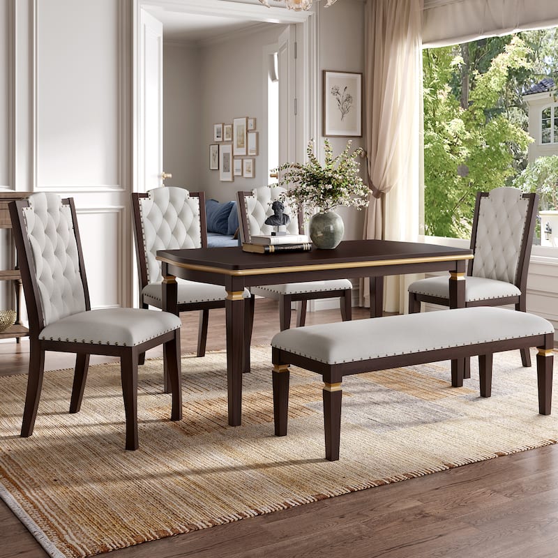 6 Piece Dining Table Set, 60" Solid Wood Rectangular Table with 4 High-Back Tufted Chairs and 1 Bench for Kitchen