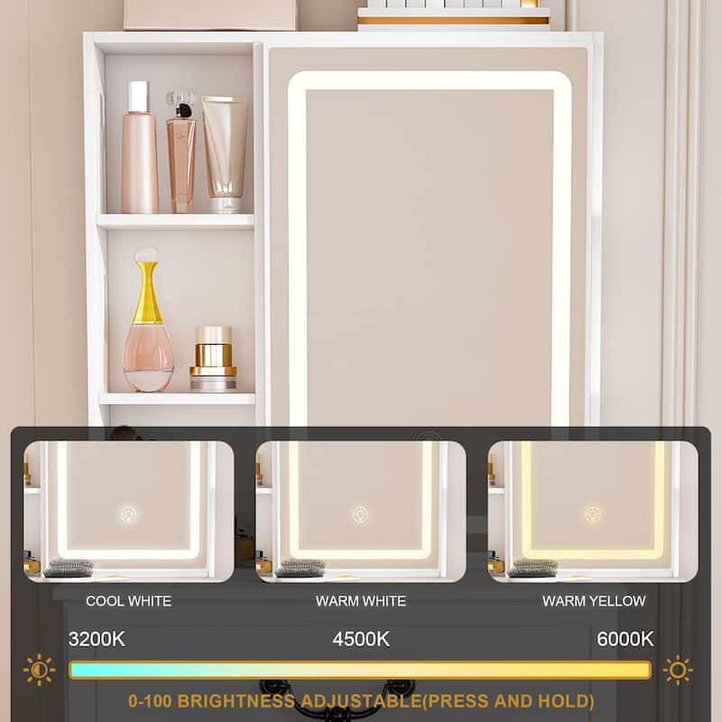 Mini Makeup Vanity with LED Lighted Mirror - Hidden Storage, Stool, 3 Light Modes, Multi-Tier Shelves