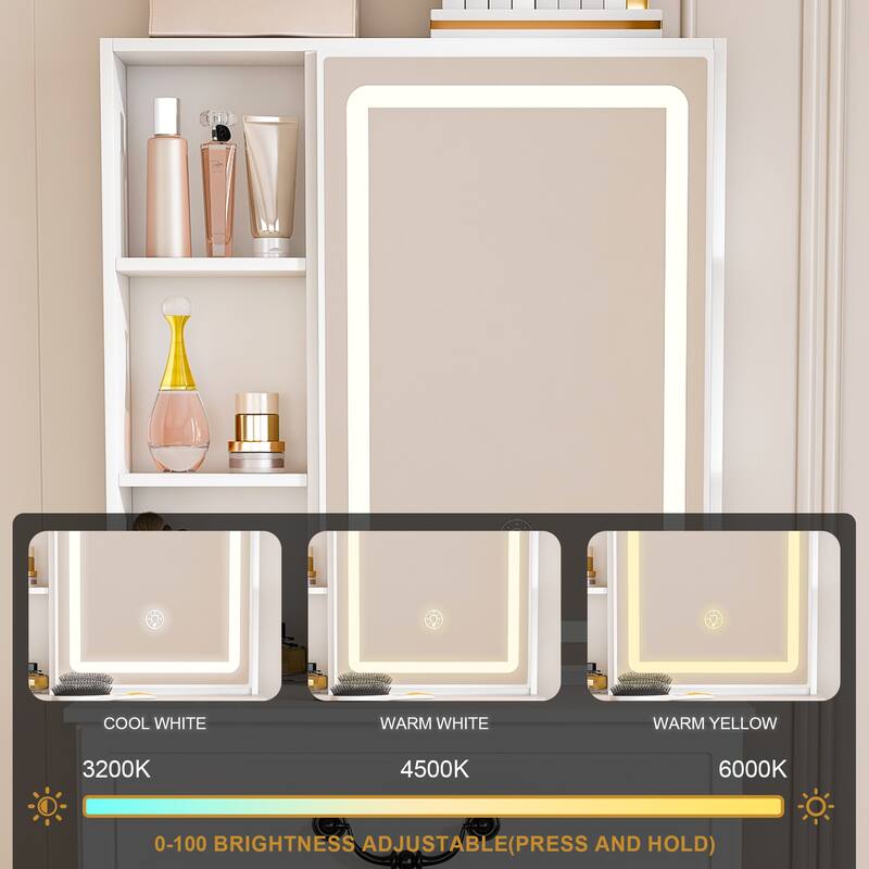 White Dressing Table with Padded Stool, Bedroom Makeup Vanity Desk with Adjustable LED Light Mirror