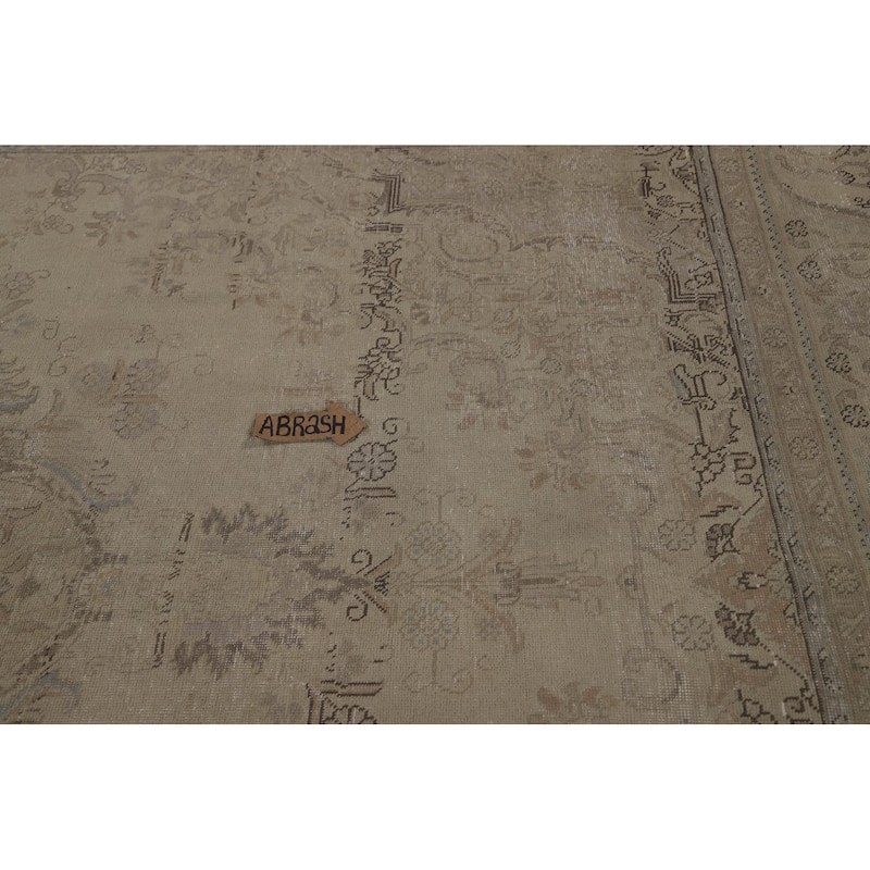 Tabriz Persian Vintage Rug Hand-Knotted Beige Geometric Wool Carpet - 9'2"x 13'0"