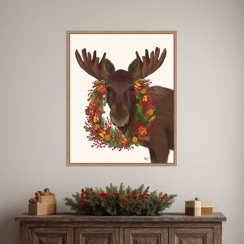 Christmas Moose and Cranberry Wreath by Fab Funky (23 x 28 in.), Framed Canvas Wall Art Print - Sylvie Beaded Rustic Natural