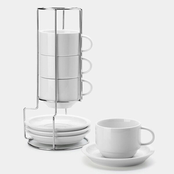 Sweese 8 Ounce Porcelain Stackable Cappuccino Cups With Saucers And Stand, Set Of 4, White